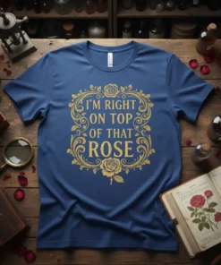 I'm Right On Top Of That Rose quote on a blue t-shirt with ornate floral border and rose graphic