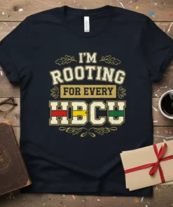 I'm Rooting For Every HBCU t-shirt with bold gold lettering and Pan-African flag colors for HBCU