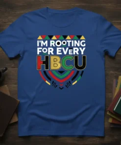 I'm Rooting For Every HBCU t-shirt with colorful geometric design and bold lettering