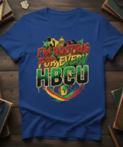 I'm Rooting For Every HBCU text design with Pan-African flag colors and abstract background elements