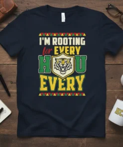 T-shirt with "I'M ROOTING for EVERY HOU EVERY" text, tiger mascot shield, and colorful geometric borders