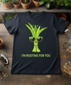 I'm Rooting For You t-shirt design featuring a smiling leek character wearing sunglasses and green typography