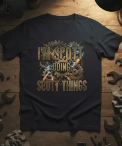 I'm Scott Doing Scott Things t-shirt with gears and lightning graphic, featuring custom name typography