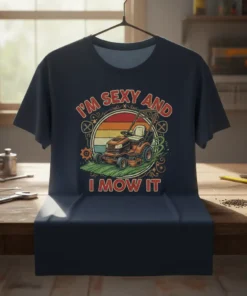 I'm Sexy and I Mow It t-shirt design featuring a vintage-style lawn mower graphic with sunset colors and bold text