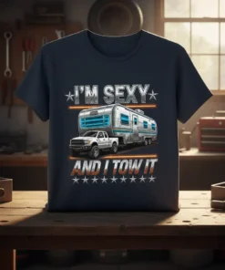 T-shirt design with "I'm Sexy And I Tow It" text and a graphic of a white pickup truck towing a