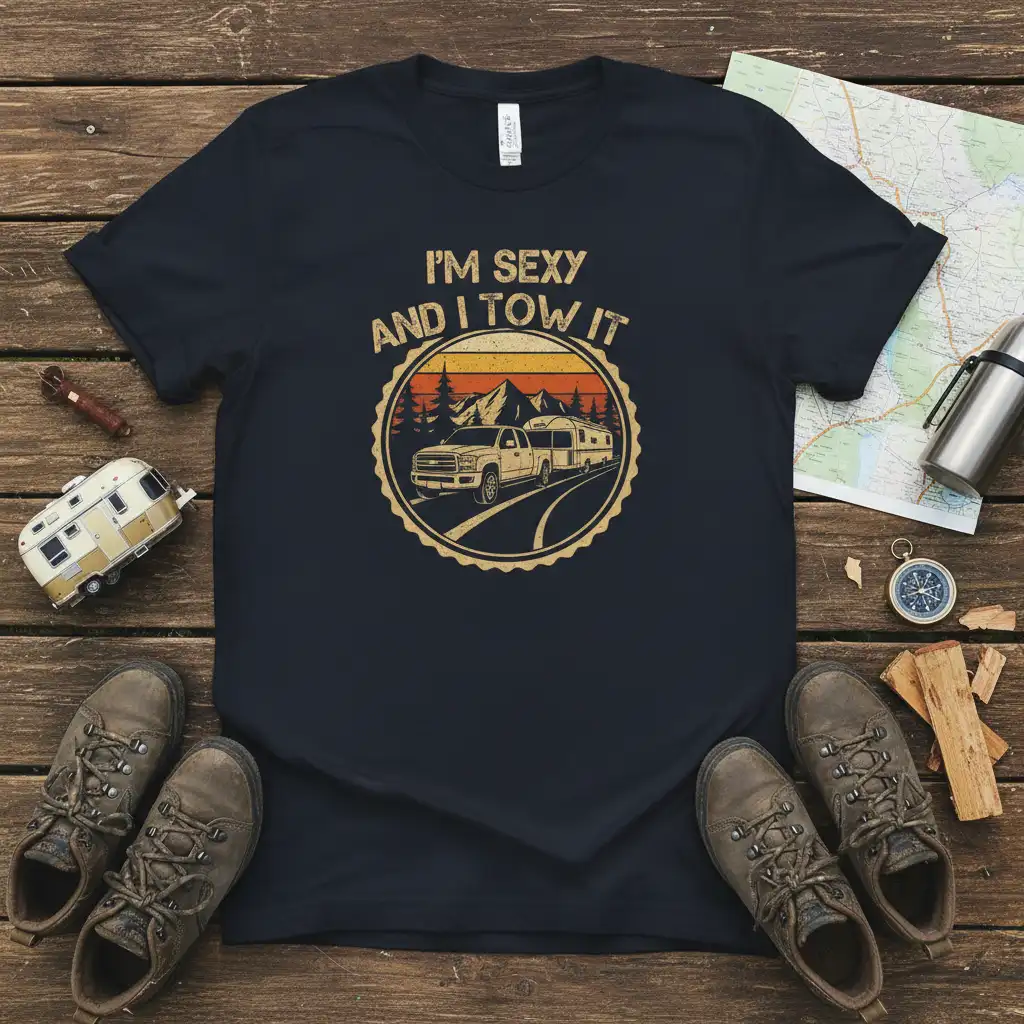 I'm Sexy And I Tow It t-shirt design with retro truck and trailer graphic, mountains, and sunset