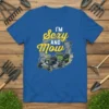 I'm Sexy and Mow text with a lawn mower graphic on a blue t-shirt, perfect for gardening enthusiasts
