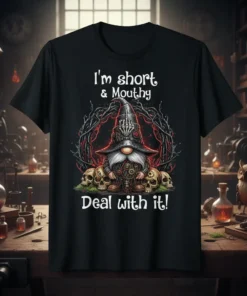 I'm short & Mouthy Deal with it! quote with a gothic gnome graphic and skulls on a black t-shirt