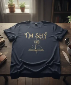 Dark navy t-shirt with gold glitter text "I'm SHY" above a gold line drawing of an open book with a