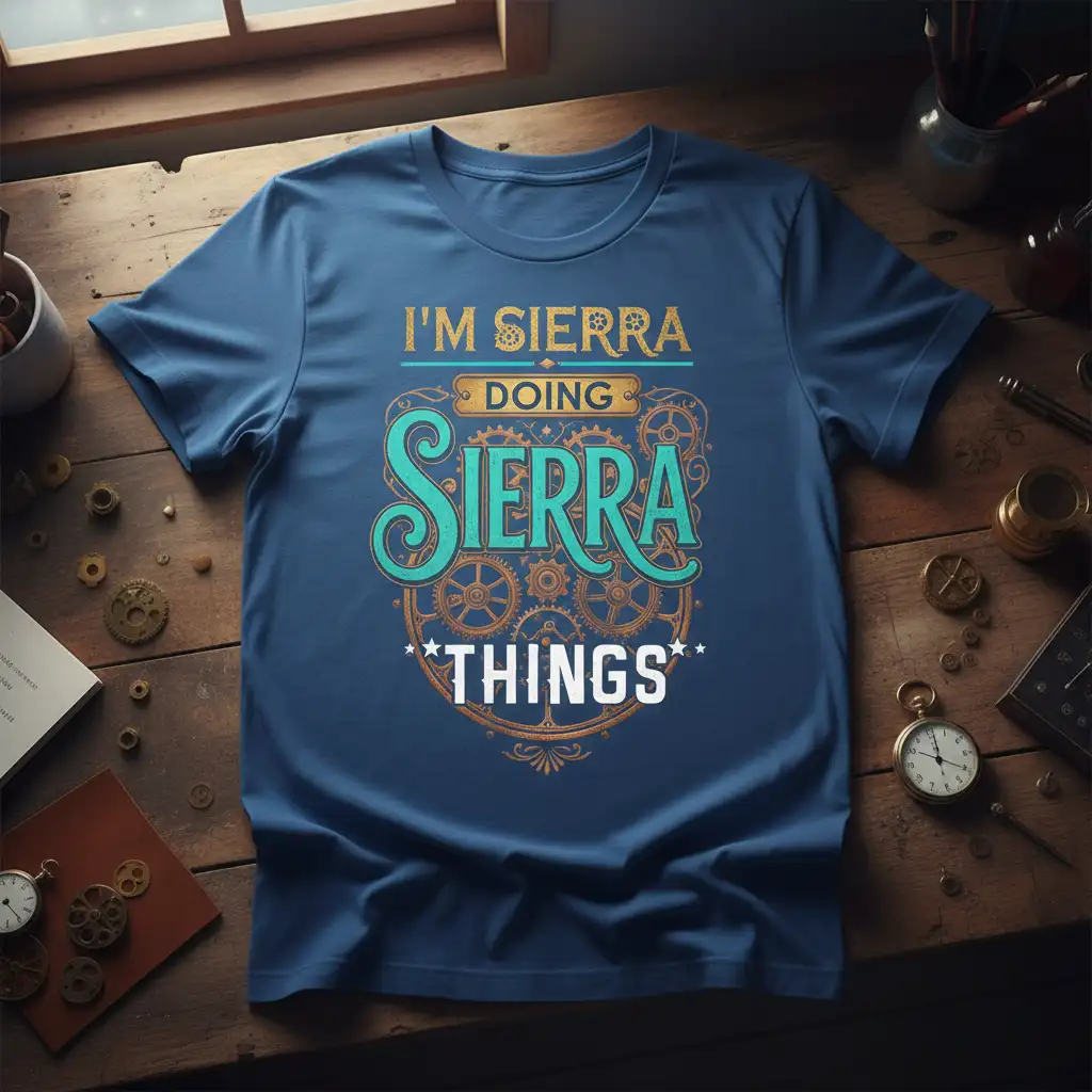 Personalized I'm Sierra Doing Sierra Things quote on a t-shirt with steampunk gear accents