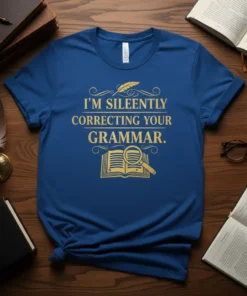 Blue t-shirt with gold text "I'M SILENTLY CORRECTING YOUR GRAMMAR." featuring a quill and an open book with a magnifying