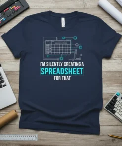 T-shirt with the text "I'm Silently Creating A Spreadsheet For That" in white and teal, featuring a spreadsheet graphic and