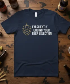 Navy t-shirt with white text "I'm Silently Judging Your Beer Selection" and a gold hop graphic