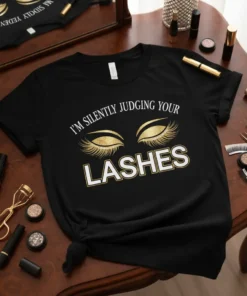 Black t-shirt with white and gold text "I'm Silently Judging Your Lashes" and golden eyelashes graphic
