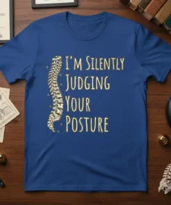 Blue t-shirt with "I'm Silently Judging Your Posture" text and a detailed illustration of a human spine