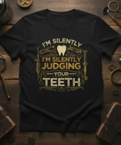 Black t-shirt with gold text "I'm Silently Judging Your Teeth" and dental tools graphics