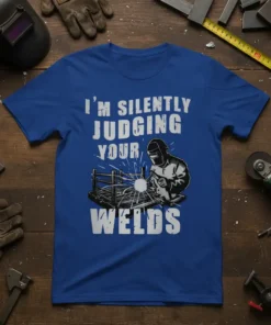Blue t-shirt with white text "I'm Silently Judging Your Welds" and a graphic of a welder working on metal