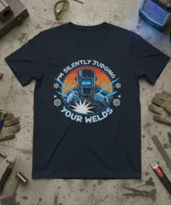 Navy t-shirt with "I'm Silently Judging Your Welds" text and a graphic of a welder in a helmet