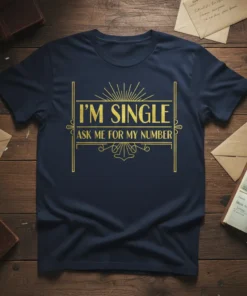 Navy t-shirt with gold text "I'M SINGLE ASK ME FOR MY NUMBER" in a decorative font