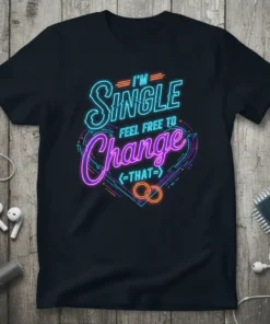Neon sign graphic t-shirt with the text "I'M SINGLE FEEL FREE TO Change " and two interlocking rings