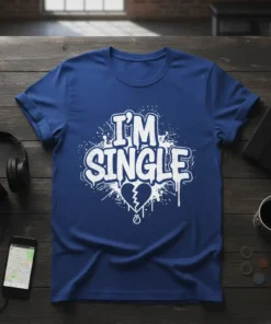 I'M SINGLE text with broken heart graphic on a blue t-shirt, graffiti style