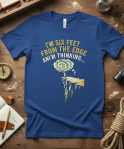 I'm Six Feet From The Edge Ani'm Thinking quote on a blue t-shirt with a graphic of a person on