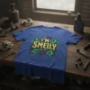 I'm Smelly humorous quote t-shirt with green and purple swirling graphic design