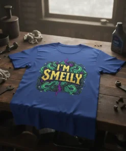 I'm Smelly humorous quote t-shirt with green and purple swirling graphic design