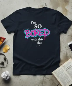 Navy t-shirt with "i'm SO BORED with this day..." text in graffiti-style font and dripping paint effect