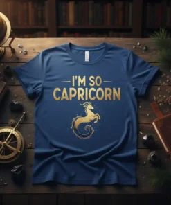 I'm So Capricorn text with a golden goat illustration on a navy blue t-shirt, part of astrology-themed apparel