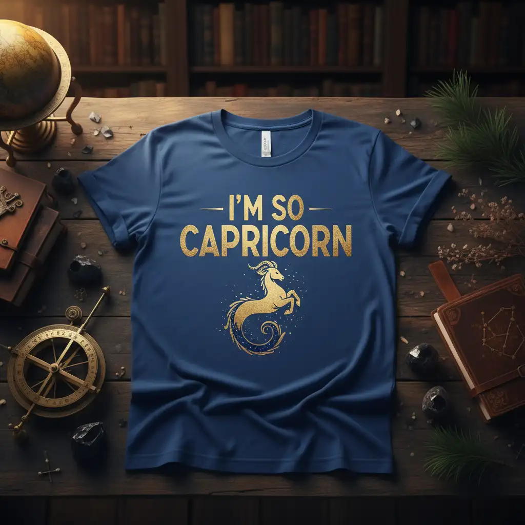 I'm So Capricorn text design with a golden sea-goat symbol, representing the zodiac sign, on a dark blue t-shirt