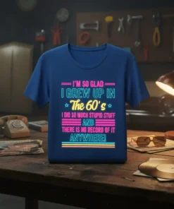 Retro "I'm So Glad I Grew Up In The 60's" graphic tee with neon-style text and colorful stripes