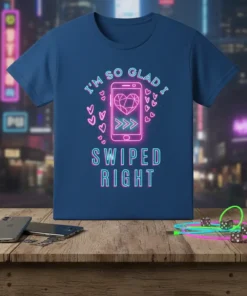 I'm So Glad I Swiped Right neon quote t-shirt with phone and heart graphic
