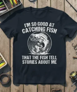 I'm So Good At Catching Fish That The Fish Tell Stories About Me quote t-shirt with a bass fish graphic