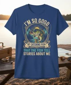 Fishing t-shirt with text "I'm So Good At Catching Fish That The Fish Tell Stories About Me" and a bass