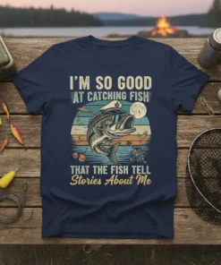 I'm So Good At Catching Fish That The Fish Tell Stories About Me t-shirt with a cartoon bass wearing sunglasses