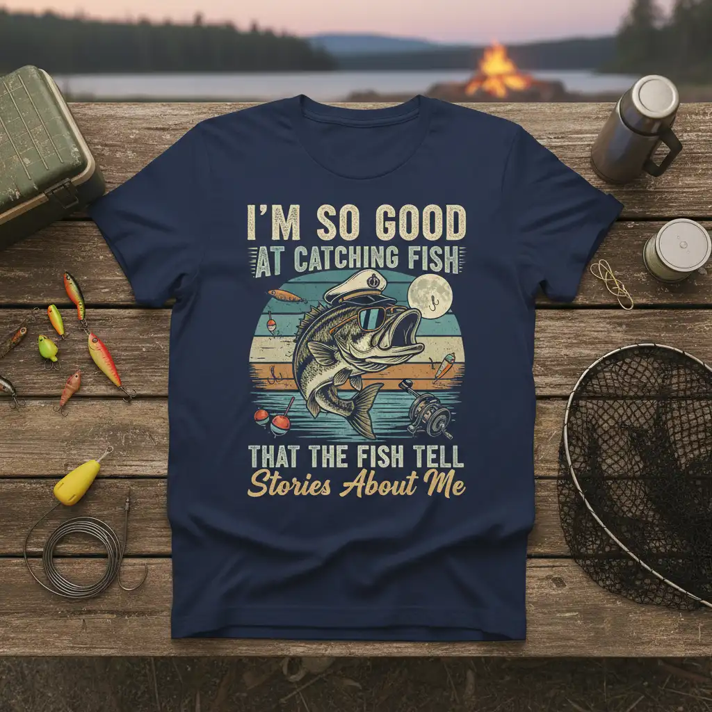 Humorous fishing quote I'm So Good At Catching Fish That The Fish Tell Stories About Me on a navy blue tee