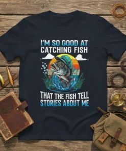 I'm So Good At Catching Fish That The Fish Tell Stories About Me text with a cartoon bass wearing a