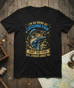 I'm So Good at Catching Fish That The Fish Tell Stories About Me quote on a black t-shirt with a