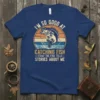 I'm So Good At Catching Fish tee featuring a bass leaping from water with vintage sunset graphic and humorous quote
