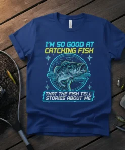 Funny fishing t-shirt with the quote "I'm So Good At Catching Fish That The Fish Tell Stories About Me" and