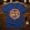 I'm So Hot text design with a circular fiery border and smoke accents on a blue t-shirt