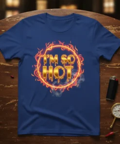 I'm So Hot text design with a circular fiery border and smoke accents on a blue t-shirt