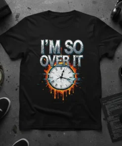 I'm So Over It text with a melting clock graphic on a black t-shirt