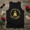 Black tank top with gold text "I'm So Tired My Girlfriend's Eye Candy" and a graphic of eyes within a