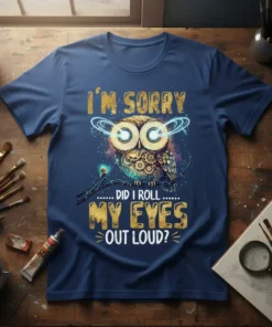 I'm Sorry Did I Roll My Eyes Out Loud? text with a steampunk owl graphic on a navy blue t-shirt