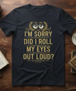 I'm Sorry Did I Roll My Eyes Out Loud quote on a navy blue t-shirt with distressed gold lettering and