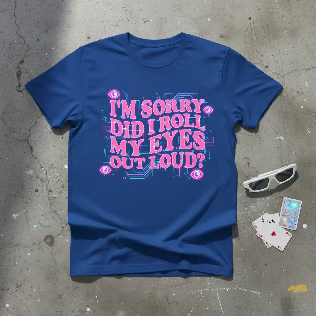 I'm Sorry Did I Roll My Eyes Out Loud quote on a blue t-shirt with neon digital circuit graphics and stylized eyes