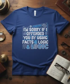 Blue t-shirt with white and blue text "I'M SORRY IF I OFFENDED YOU BY USING FACTS & LOGIC" design, featuring