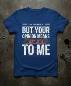 Blue t-shirt with white and orange text: "I'M SORRY. BUT YOUR OPINION MEANS {VERY LITTLE} TO ME" quote design